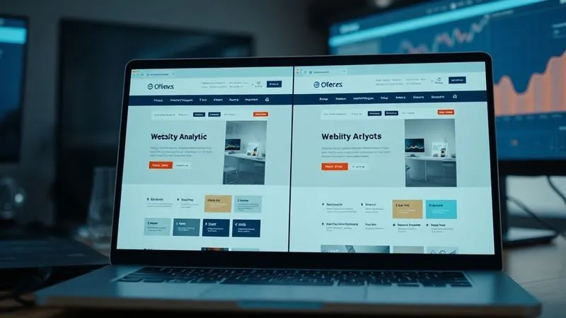 Photorealistic, professional photography, 8K, cinematic lighting, sharp focus, depth of field, shot on a high-end DSLR, a split screen showing two different versions of a website landing page side-by-side on a laptop screen, with subtle glowing elements highlighting differences. Analytics charts are visible in the background on another monitor, indicating performance comparison. The scene has a professional, analytical, and experimental feel.