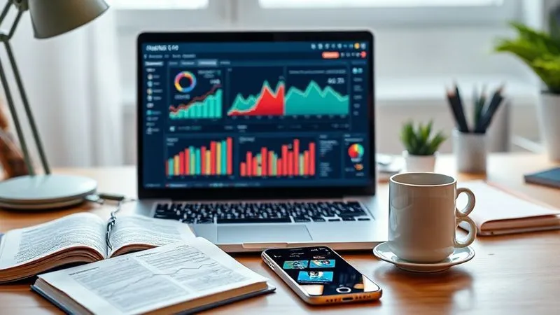 Photorealistic, professional photography, 8K, cinematic lighting, sharp focus, depth of field, shot on a high-end DSLR, a vibrant, well-organized desk setup with a laptop displaying a complex analytics dashboard, showing various metrics and charts. Around the laptop, there are open notebooks with handwritten notes, a coffee cup, and a smartphone displaying a social media feed, symbolizing the multi-faceted work of a digital marketing specialist. The lighting is bright and inviting, conveying productivity and clarity.