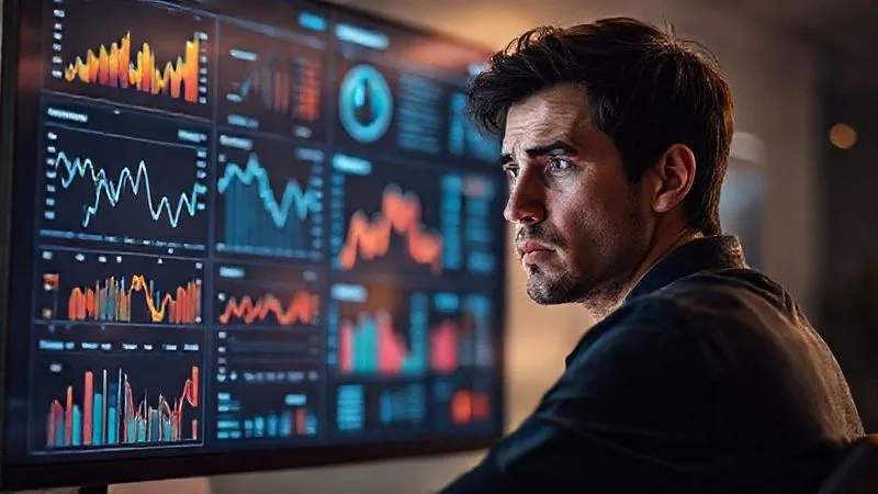 A photorealistic image of a freelancer looking intently at a digital dashboard with various charts and graphs, some showing downward trends, representing a sales funnel analysis. The freelancer has a determined but slightly concerned expression. Cinematic lighting, sharp focus on the screen, depth of field blurring the background. 8K hyper-detailed, shot on a high-end DSLR.
