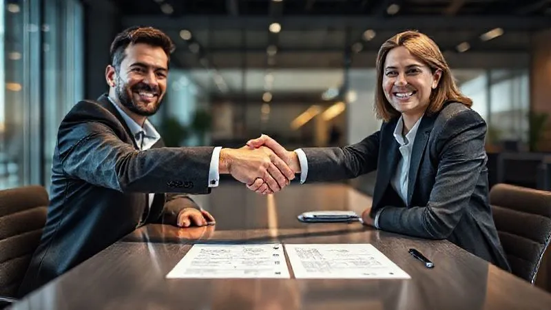 A photorealistic image of two business professionals, one a freelancer and the other a client, shaking hands across a modern desk with a signed contract visible. Both are smiling, conveying a successful deal. Cinematic lighting, sharp focus on the handshake, depth of field blurring the background. 8K hyper-detailed, shot on a high-end DSLR.