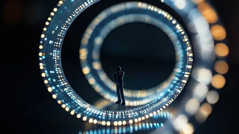 A photorealistic image of a continuous loop or a Mobius strip made of glowing digital data, symbolizing constant iteration and improvement. In the center, a small figure of a freelancer is making adjustments. Cinematic lighting, sharp focus on the loop, depth of field blurring the background. 8K hyper-detailed, shot on a high-end DSLR.