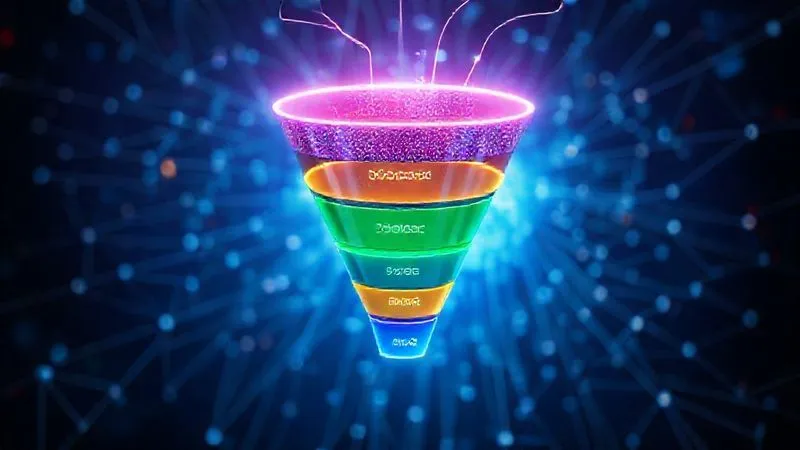 A photorealistic image of a digital sales funnel, glowing with different colored sections representing awareness, interest, desire, and action. The funnel is sleek and modern, with data flowing through it. Cinematic lighting, sharp focus, depth of field blurring a complex network background, 8K hyper-detailed, professional photography, shot on a high-end DSLR.