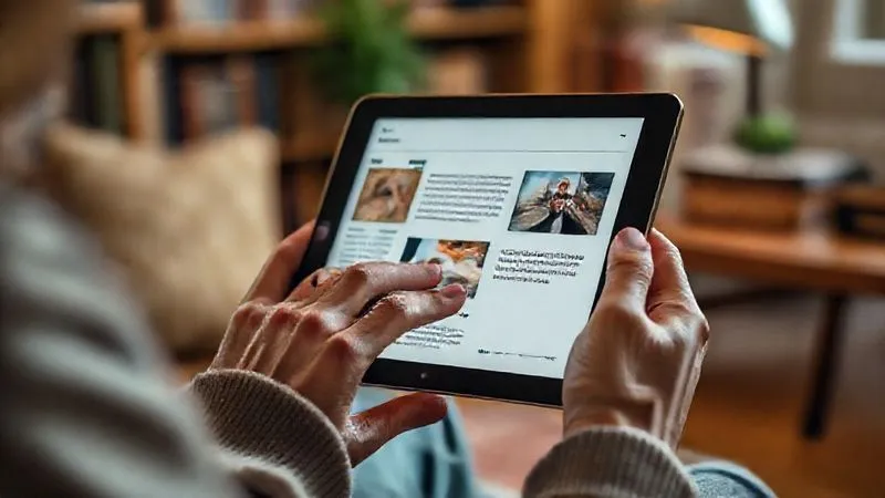 A photorealistic image of a person's hands interacting with a tablet, displaying various digital content like an email newsletter, a short video, and a testimonial quote. The setting is a cozy, well-lit study, emphasizing engagement and learning. Cinematic lighting, sharp focus on the hands and tablet, depth of field blurring the background, 8K hyper-detailed, professional photography, shot on a high-end DSLR.