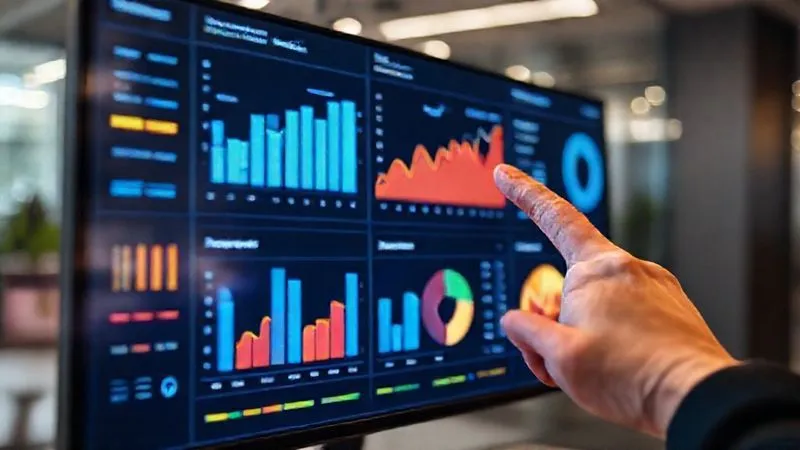 A photorealistic image of a vibrant, multi-stage digital dashboard displaying key performance indicators (KPIs) for a sales funnel. Bar charts, line graphs, and pie charts show metrics like conversion rates, lead generation, and customer retention. The screen is sharp and clear, with a human hand pointing to a rising graph. Cinematic lighting, sharp focus on the dashboard, depth of field blurring a modern office background, 8K hyper-detailed, professional photography, shot on a high-end DSLR.