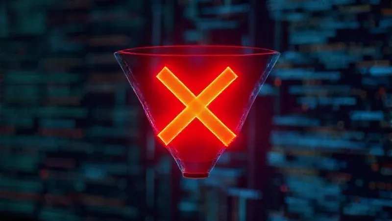 A photorealistic image of a digital sales funnel with a large, glowing red 'X' or 'STOP' sign superimposed over a section of it, indicating a blockage or a critical error. The background is slightly blurred, showing complex data streams, emphasizing a problem in the flow. Cinematic lighting, sharp focus on the 'X' and funnel, depth of field, 8K hyper-detailed, professional photography, shot on a high-end DSLR.