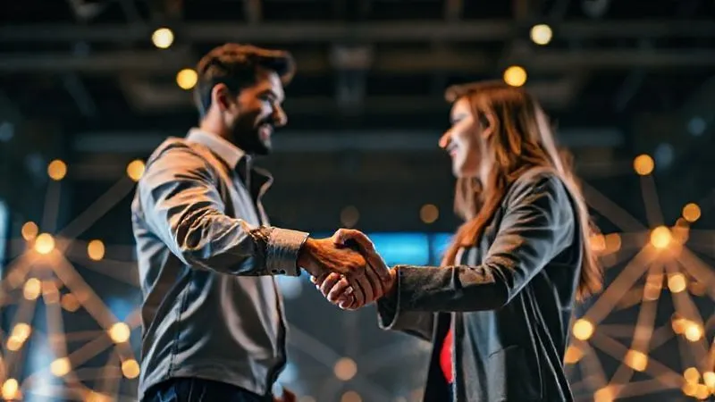 A photorealistic, professional photography, 8K, cinematic lighting, sharp focus, depth of field, shot on a high-end DSLR of two people, a freelancer and an influencer, shaking hands over a blurred background of a network of glowing connections, symbolizing a successful partnership and expanded reach. The atmosphere is collaborative and optimistic.
