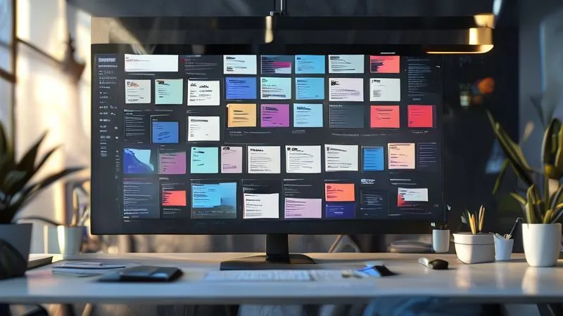 A photorealistic image of a minimalist and highly organized Trello board on a large monitor, with clearly defined lists for 'Client A - Project X', 'Client B - Project Y', and 'Internal Tasks', each list containing color-coded cards with due dates, a clean, modern workspace in the background, cinematic lighting, sharp focus on the Trello board, depth of field blurring the background, 8K hyper-detailed, professional photography, shot on a high-end DSLR.
