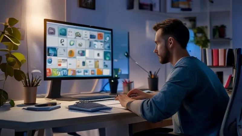 A photorealistic image of a focused freelancer working at an ergonomic desk, a Trello board clearly visible on a large monitor displaying 'Time Blocking Schedule' and 'Current Project Tasks', a physical planner open next to the keyboard, soft cinematic lighting, sharp focus on the freelancer's calm expression and the screen, depth of field blurring the background, 8K hyper-detailed, professional photography, shot on a high-end DSLR.