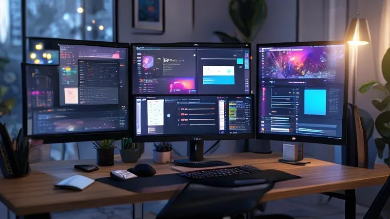 A photorealistic image of a multi-screen setup on a modern desk, with one monitor displaying a Trello board, another showing a Google Calendar with Trello tasks integrated, and a third displaying a simple invoicing software, all seamlessly connected, cinematic lighting, sharp focus on the screens, depth of field blurring the background, 8K hyper-detailed, professional photography, shot on a high-end DSLR.