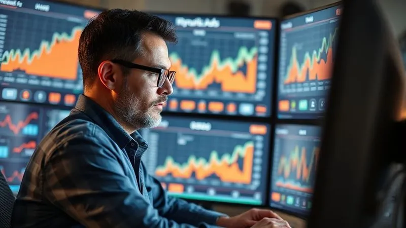 A photorealistic image of a person meticulously analyzing Google Ads performance charts on multiple monitors, with a focused expression, bathed in the soft glow of screen light, professional photography, 8K, cinematic lighting, sharp focus, depth of field, shot on a high-end DSLR.