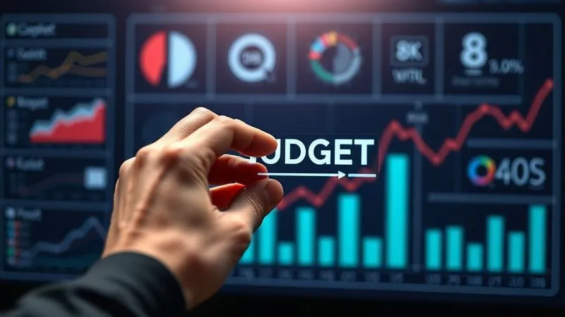 A photorealistic image of a hand carefully adjusting a digital slider representing budget allocation, with various charts and graphs in the background indicating ROI, professional photography, 8K, cinematic lighting, sharp focus, depth of field, shot on a high-end DSLR.