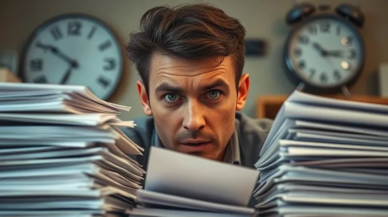 A photorealistic image of a freelancer looking stressed while surrounded by stacks of confusing tax documents, with a blurred background of a ticking clock. The scene should evoke a sense of urgency and overwhelm, with cinematic lighting and sharp focus on the freelancer's face. 8K hyper-detailed, professional photography.