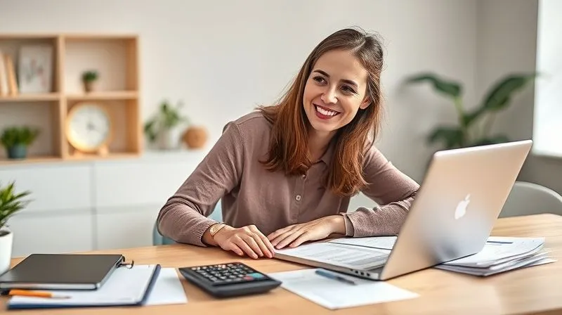 A photorealistic image of a female freelancer, Maria, smiling confidently while reviewing a spreadsheet on her laptop, with a calculator and neatly organized financial documents on her desk. The setting is bright and orderly, reflecting financial clarity. Cinematic lighting, sharp focus on Maria and her screen, depth of field blurring the background. 8K hyper-detailed, professional photography.