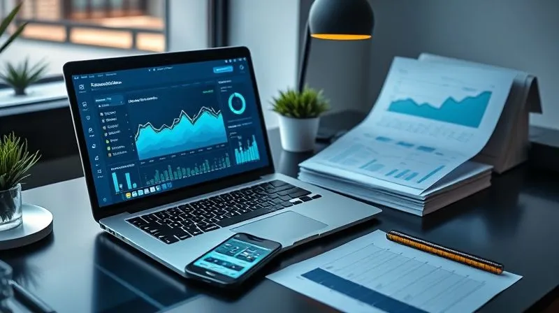 A photorealistic image of a modern desk setup with a laptop displaying a financial dashboard, a smartphone showing a budgeting app, and neatly organized documents. The scene should convey efficiency and technological integration in financial management, with cinematic lighting and sharp focus. 8K hyper-detailed, professional photography.