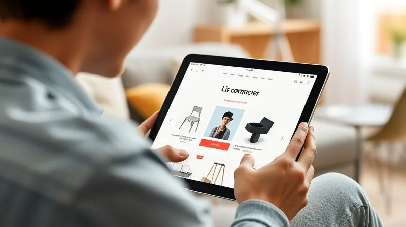 A photorealistic image of a user's perspective browsing a clean, intuitive e-commerce website on a tablet, with a clear call-to-action button prominently displayed. The interface features high-quality product images and easy navigation. Soft, natural lighting, sharp focus on the tablet, depth of field blurring a comfortable living room background. 8K hyper-detailed, professional photography, shot on a high-end DSLR.