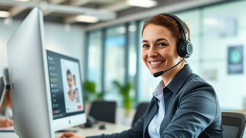 A photorealistic image of a friendly customer service representative wearing a headset, smiling while assisting a customer via a chat interface on a computer screen. The background is a modern, clean office environment with subtle branding. Cinematic lighting, sharp focus on the representative's face and screen, depth of field. 8K hyper-detailed, professional photography, shot on a high-end DSLR, conveying helpfulness and professionalism.