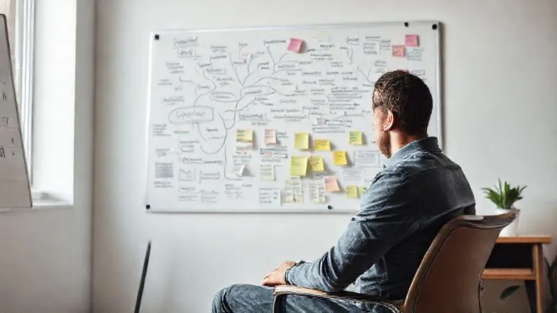 A photorealistic image of a person sitting in a quiet, minimalist office, deep in thought, looking at a whiteboard filled with keywords, mind maps, and sticky notes representing self-reflection, niche identification, and value proposition brainstorming. The scene is calm but focused, with soft natural light coming from a window, professional photography, 8K, cinematic lighting, sharp focus, depth of field.