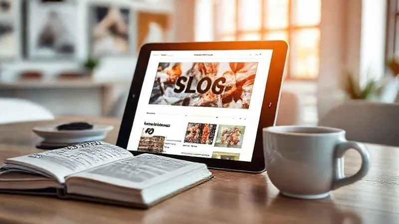 A photorealistic image of a vibrant blog post layout on a tablet screen, with engaging typography and an eye-catching hero image, surrounded by a notebook with content ideas and a coffee cup, set in a bright, modern studio. The scene emphasizes content creation and strategic thinking, professional photography, 8K, cinematic lighting, sharp focus, depth of field.