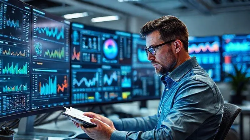 A photorealistic image of a designer analyzing data on multiple screens, showing charts, graphs, and analytics dashboards. The designer looks focused and analytical, with a notebook open for insights. The setting is a modern, clean office, emphasizing data-driven decision-making and continuous improvement, professional photography, 8K, cinematic lighting, sharp focus, depth of field.