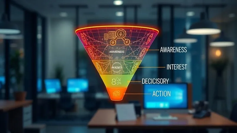 A photorealistic image of a complex sales funnel diagram glowing with digital light, representing automated client acquisition for a freelancer. The funnel has distinct stages labeled 'Awareness', 'Interest', 'Decision', 'Action', with data flowing smoothly between them. Cinematic lighting, sharp focus on the funnel, depth of field blurring a modern office background, 8K hyper-detailed, shot on a high-end DSLR.
