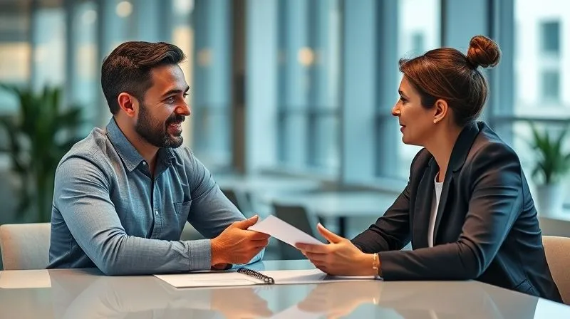 A photorealistic image of two professionals, a marketing freelancer and a client, engaged in a respectful but firm negotiation, perhaps over a contract. They are seated at a modern table, with confident body language and direct eye contact. Cinematic lighting, sharp focus on their expressions, depth of field blurring a contemporary office setting. 8K hyper-detailed, professional photography, shot on a high-end DSLR.