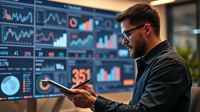 A photorealistic image of a professional marketing freelancer analyzing a complex dashboard filled with various charts and graphs (e.g., revenue, client acquisition, project profitability). The freelancer is focused, using a tablet or stylus. Cinematic lighting, sharp focus on the data visualization, depth of field blurring a modern, organized workspace. 8K hyper-detailed, professional photography, shot on a high-end DSLR.