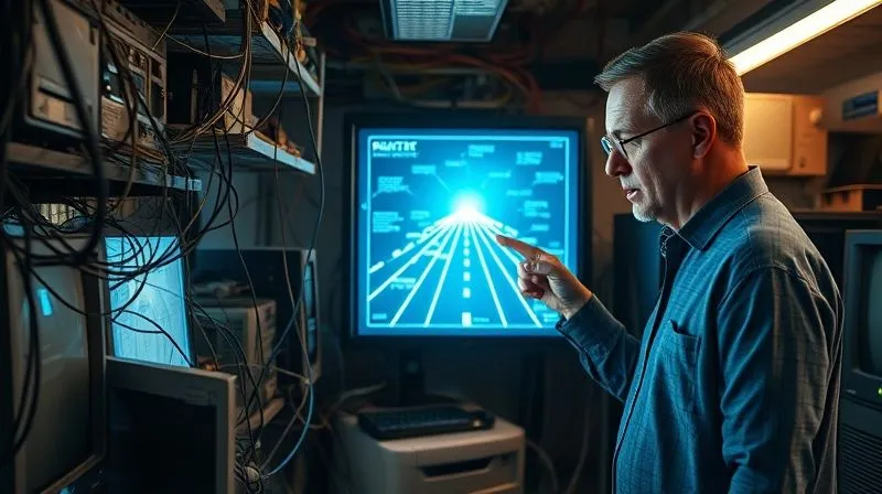 Photorealistic image of a confused business owner looking at a tangled web of wires and outdated computers, while a calm, professional consultant points to a clear, illuminated digital pathway on a holographic screen. Cinematic lighting, sharp focus on the faces and screen, depth of field, 8K hyper-detailed, shot on a high-end DSLR.