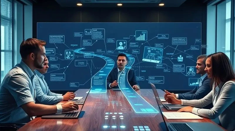 Photorealistic image of a detailed, futuristic holographic roadmap projected onto a conference table, with business professionals collaborating around it. The roadmap shows interconnected digital pathways and milestones. Cinematic lighting, sharp focus on the hologram and faces, depth of field, 8K hyper-detailed, shot on a high-end DSLR.