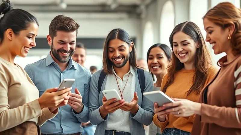 Photorealistic image of a diverse group of happy customers interacting seamlessly with various digital touchpoints: a sleek mobile app, an intuitive website, and a helpful chatbot. The scene is bright and modern, emphasizing ease of use and satisfaction. Cinematic lighting, sharp focus on the interactions, depth of field, 8K hyper-detailed, shot on a high-end DSLR.