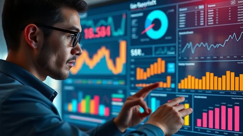 Photorealistic image of a sleek, futuristic data dashboard displaying various business metrics (sales growth, customer satisfaction, operational efficiency) in vibrant, interactive graphs and charts. A business professional is analyzing the data with a focused expression. Cinematic lighting, sharp focus on the dashboard, depth of field, 8K hyper-detailed, shot on a high-end DSLR.