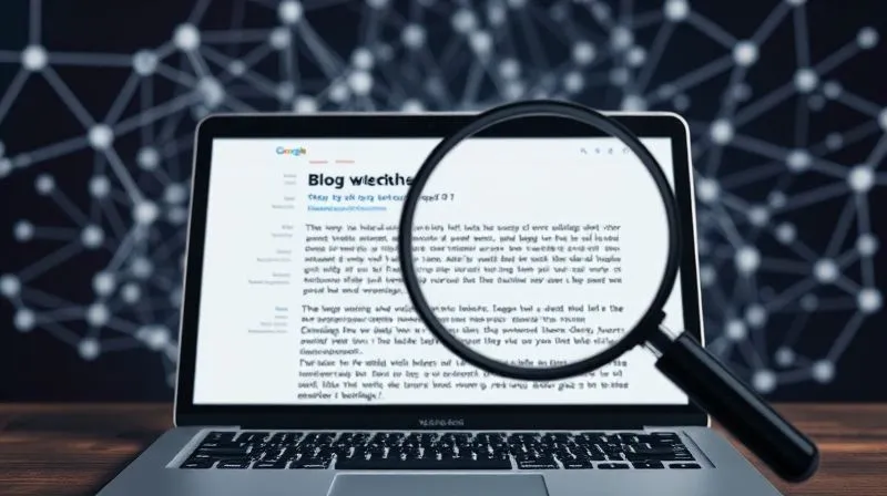 A photorealistic image of a digital magnifying glass hovering over a well-structured blog post on a laptop screen, highlighting keywords and optimized headings. In the background, a complex but organized network of interconnected nodes represents internal and external links. Cinematic lighting, sharp focus on the magnifying glass and screen, depth of field, 8K hyper-detailed, shot on a high-end DSLR.