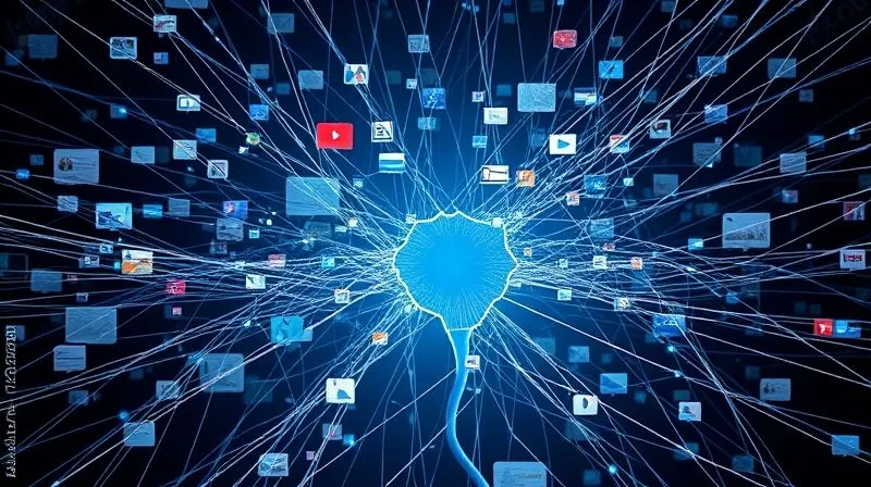 A photorealistic image of a complex, interconnected web of digital content pieces (blog posts, videos, social media) failing to connect to a central sales funnel represented by a broken pipeline. Cinematic lighting, sharp focus on the disconnection, 8K hyper-detailed.