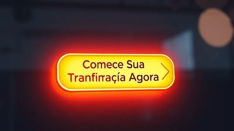 A photorealistic, vibrant call-to-action button glowing on a clean, minimalist digital interface. The button reads "Comece Sua Transformação Agora" with a subtle arrow pointing right. Cinematic lighting, sharp focus, depth of field blurring the background, 8K hyper-detailed.