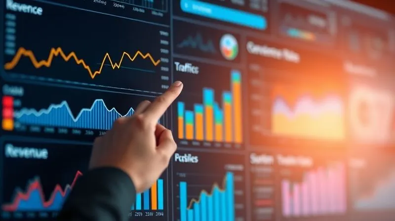 A photorealistic, detailed dashboard displaying various sales and content metrics: conversion rates, traffic sources, bounce rates, and revenue charts. The data is clear and actionable, with a hand pointing to an upward trend. Professional photography, 8K, cinematic lighting, sharp focus on the data, depth of field blurring the background, shot on a high-end DSLR.