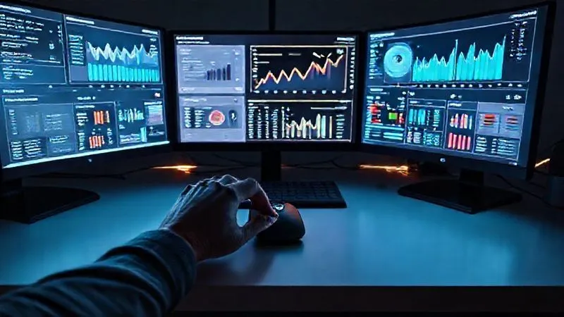 A photorealistic image of a minimalist desk setup with multiple glowing screens displaying various marketing analytics dashboards, charts, and CRM interfaces. A single pair of hands is expertly navigating a mouse, surrounded by subtle futuristic light trails. Cinematic lighting, sharp focus, 8K hyper-detailed, professional photography, shot on a high-end DSLR.