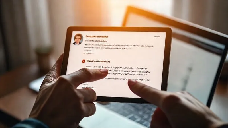 A photorealistic image of a freelancer's hand holding a tablet displaying glowing client testimonials and a professional headshot, with another hand pointing to a specific, positive quote. Soft, warm cinematic lighting, sharp focus on the testimonials, depth of field blurring a laptop in the background. 8K hyper-detailed, professional photography.