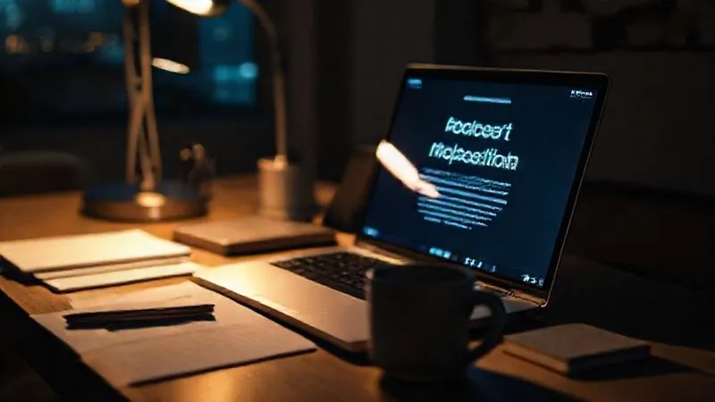 A photorealistic image of a freelancer's desk at night, with a glowing laptop screen displaying a meticulously crafted project proposal. Coffee cup, notes, and a focused, determined atmosphere. Cinematic lighting, sharp focus on the screen, depth of field blurring the background. 8K hyper-detailed, professional photography.