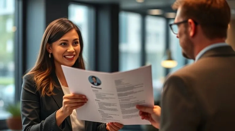 A photorealistic image of a professional woman (Ana) confidently presenting a new, impactful resume to a potential client, who looks impressed. The scene is in a modern office, with a subtle glow around the resume. Cinematic lighting, sharp focus on Ana and the client's faces, depth of field, 8K, professional photography, shot on a high-end DSLR.