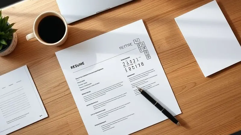 A photorealistic, top-down view of a beautifully designed, minimalist resume spread out on a clean, wooden desk, next to a high-end pen and a cup of coffee. The lighting is soft and natural, highlighting the clean lines and professional typography of the resume. Sharp focus on the resume, depth of field, 8K, professional photography, shot on a high-end DSLR.