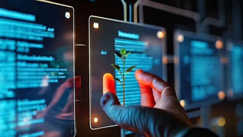A photorealistic image of a series of interconnected digital screens displaying email marketing sequences, with a subtle glow around personalized messages. A hand is gently nurturing a small digital plant growing from one of the screens, symbolizing lead nurturing. 8K hyper-detailed, cinematic lighting, sharp focus on the screens, depth of field, professional photography, shot on a high-end DSLR.