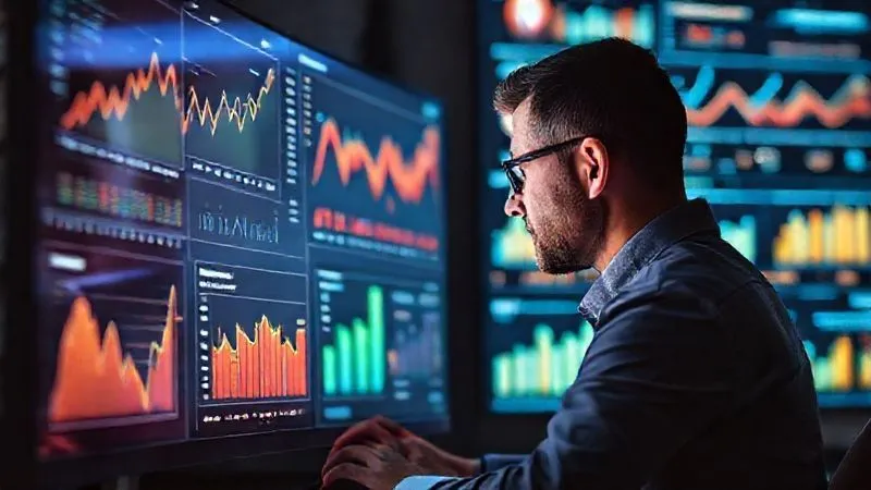 A photorealistic image of a professional data analyst looking intently at multiple glowing screens displaying various charts, graphs, and a digital marketing funnel with real-time metrics. The analyst's hand is on a mouse, suggesting active optimization. Cinematic lighting, sharp focus on the screens and analyst, depth of field. 8K hyper-detailed, professional photography, shot on a high-end DSLR.