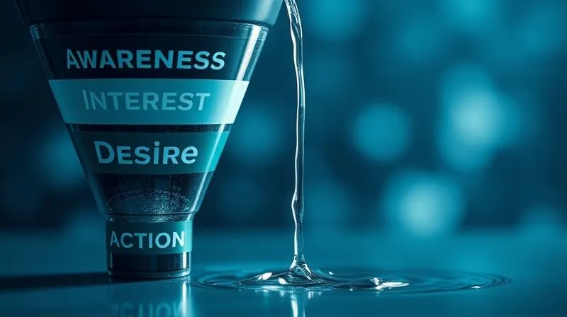 A photorealistic image of a digital marketing funnel with clear labels for each stage (Awareness, Interest, Desire, Action). One of the stages has a visible crack or leak, with digital 'water' (representing potential sales) dripping out. Cinematic lighting, sharp focus on the leak, depth of field blurring the background. 8K hyper-detailed.
