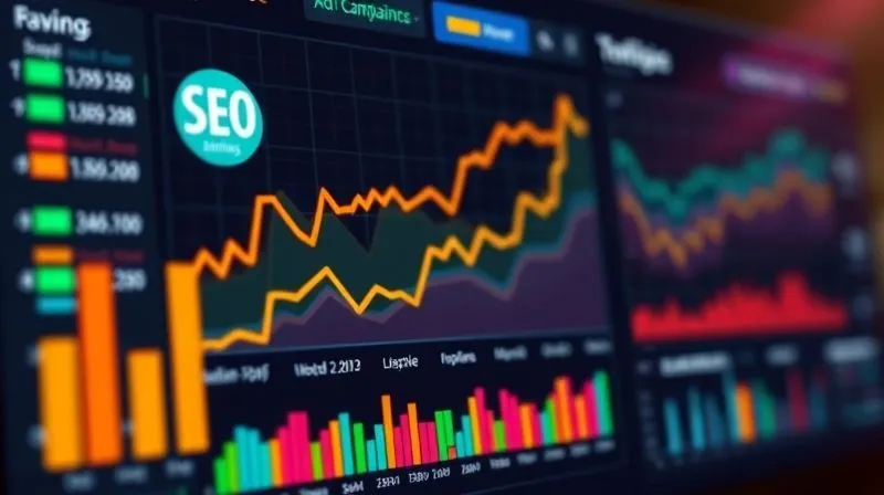 A photorealistic image of a vibrant digital marketing dashboard displaying various metrics: SEO rankings, ad campaign performance, social media engagement, and website traffic. The graphs show an upward trend, with key performance indicators highlighted. Cinematic lighting, sharp focus on the dashboard, depth of field blurring the background. 8K hyper-detailed.
