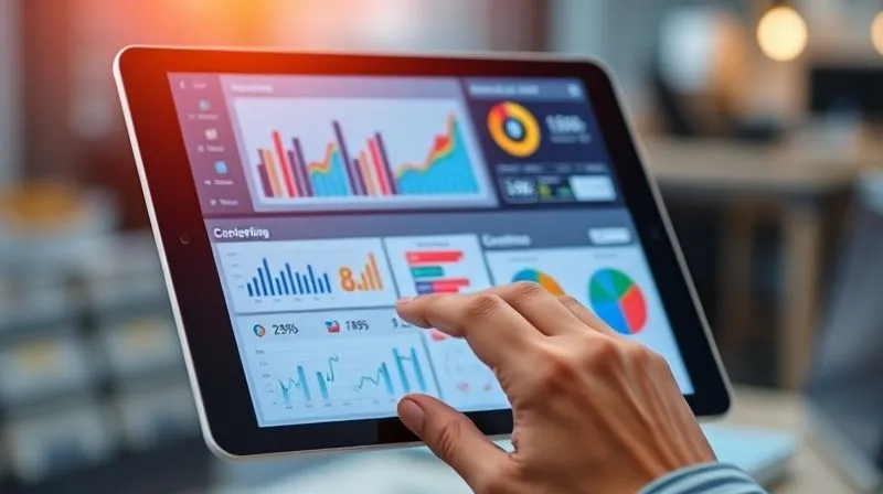 A photorealistic image of a person's hands operating a tablet, displaying a complex data visualization dashboard with various charts and graphs (bar charts, line graphs, pie charts) showing sales trends, customer demographics, and conversion rates. The screen glows with bright, informative data. Cinematic lighting, sharp focus on the tablet screen, depth of field blurring the background. 8K hyper-detailed.