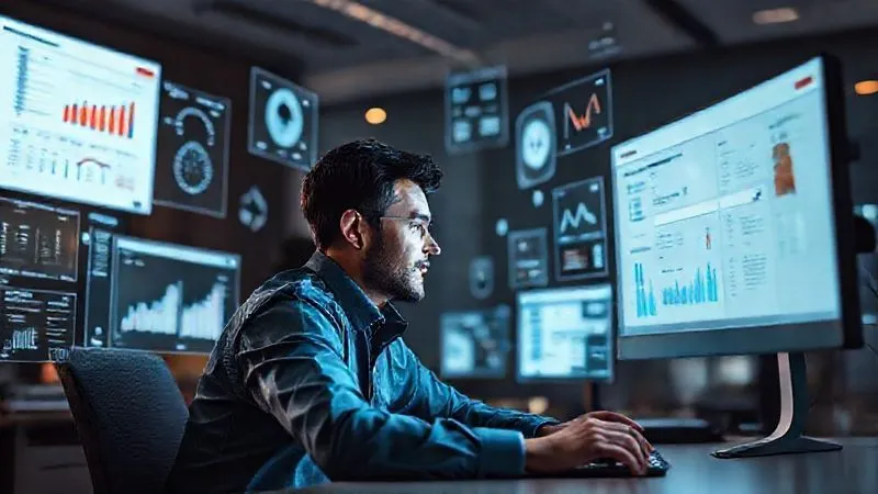 Photorealistic image of a person at a desk, surrounded by floating digital screens displaying keyword research tools, graphs, and search results. The person has a focused expression, making connections between different data points. Cinematic lighting, sharp focus on the person and screens, depth of field blurring the background, shot on a high-end DSLR, 8K hyper-detailed.