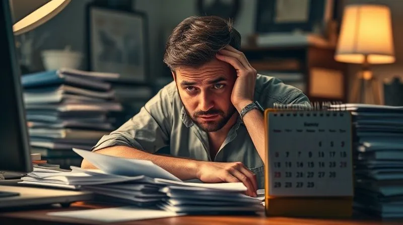 Photorealistic image of a frustrated freelancer at a desk, surrounded by stacks of unpaid bills and a calendar marked with looming deadlines, cinematic lighting creating a somber mood, sharp focus on the freelancer's anxious expression, depth of field blurring the background, 8K hyper-detailed, shot on a high-end DSLR.