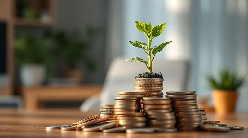 Photorealistic image of a small, vibrant money plant growing robustly out of a pile of neatly stacked coins and bills, symbolizing financial growth and security. The plant is in sharp focus, with soft, cinematic lighting, and a blurred background of a modern, tranquil home office. 8K hyper-detailed, shot on a high-end DSLR.