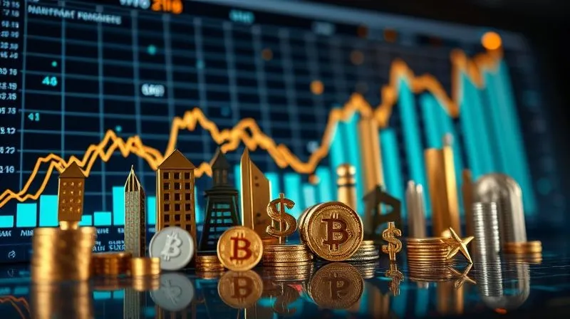 Photorealistic image of a diverse investment portfolio represented by various financial symbols (stocks, bonds, real estate, crypto) arranged artistically on a digital interface, with upward-trending graphs in the background. Cinematic lighting, sharp focus on the symbols, depth of field blurring the background, 8K hyper-detailed, shot on a high-end DSLR.