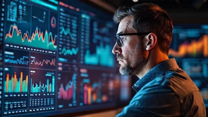A photorealistic image of a data analyst looking at a complex dashboard with various charts and graphs, representing customer behavior segmentation. The screen shows interconnected data points, with a sharp focus on the user's thoughtful expression, cinematic lighting highlighting the data, 8K hyper-detailed, shot on a high-end DSLR.