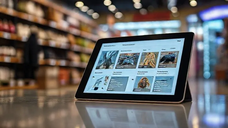 A photorealistic image of a tablet screen displaying highly personalized product recommendations in an e-commerce store, with customer data flowing in the background. The recommendations are perfectly tailored, creating a sense of delight and relevance. cinematic lighting, sharp focus on the tablet, depth of field blurring the background, 8K hyper-detailed, shot on a high-end DSLR.
